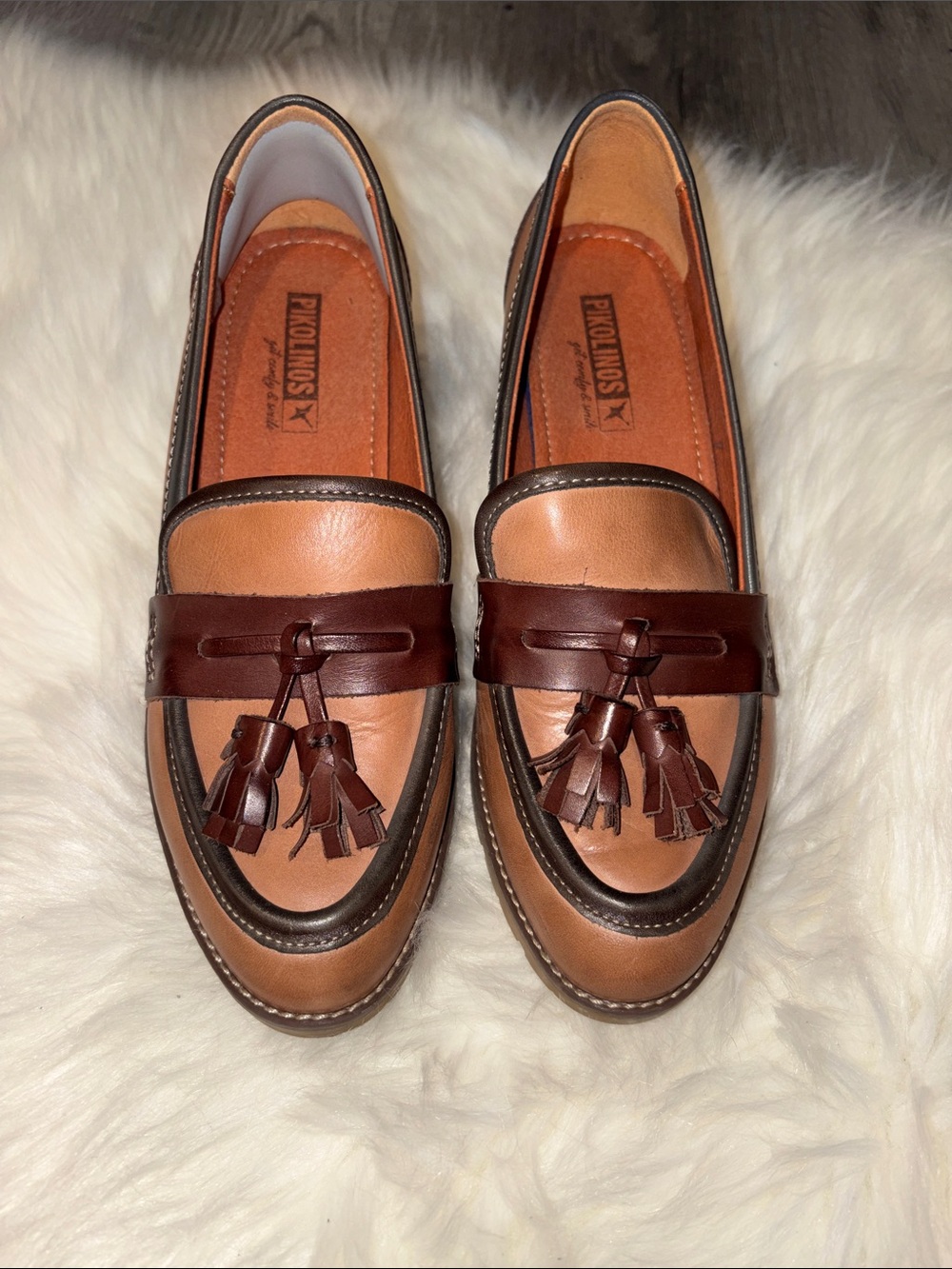 PIKOLINOS Llanes Two-Tone Brown & Tan Leather Tassel heeled Loafers